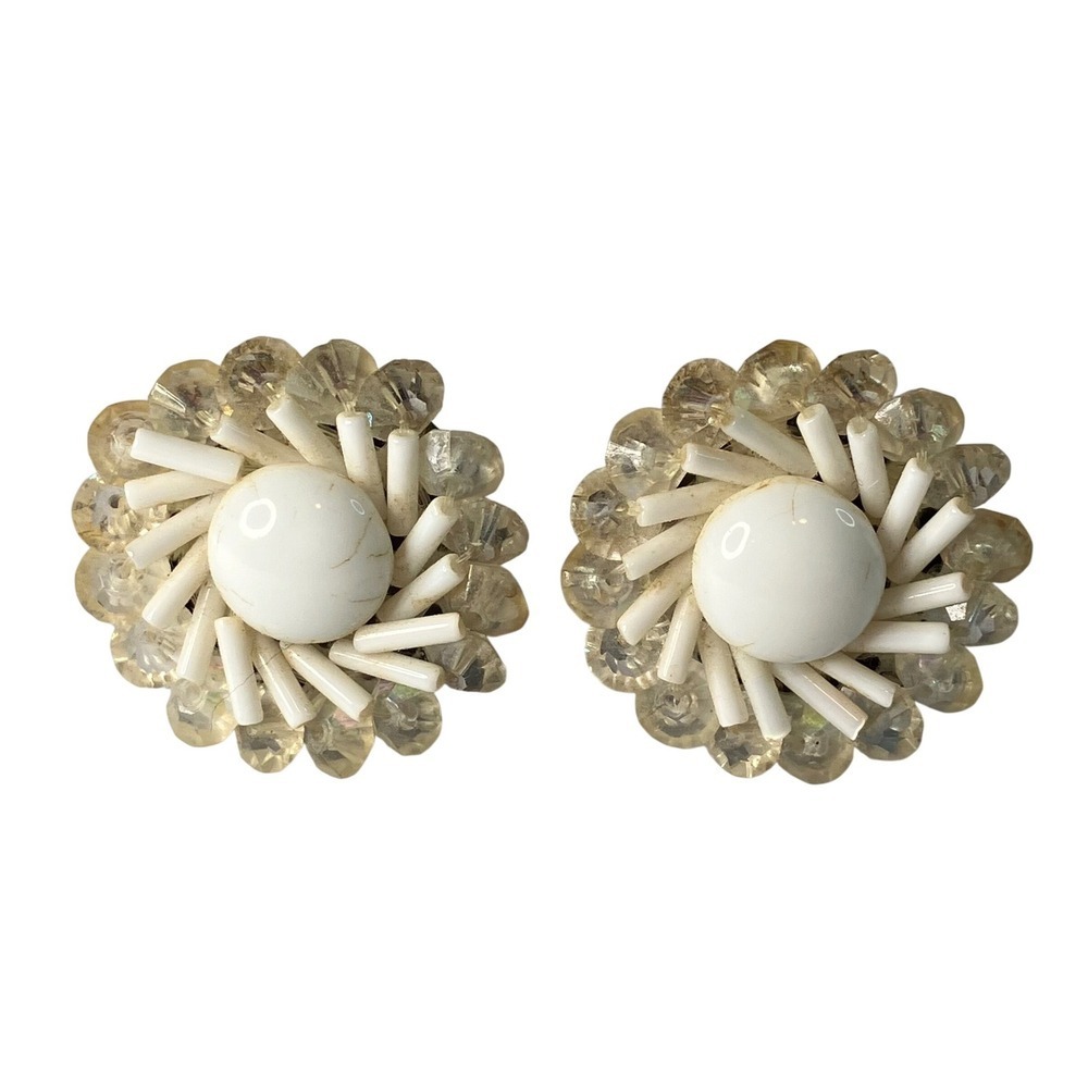 Vintage White Cabochon Bugle Bead Sunburst Clip On Earrings Clear Faceted Border